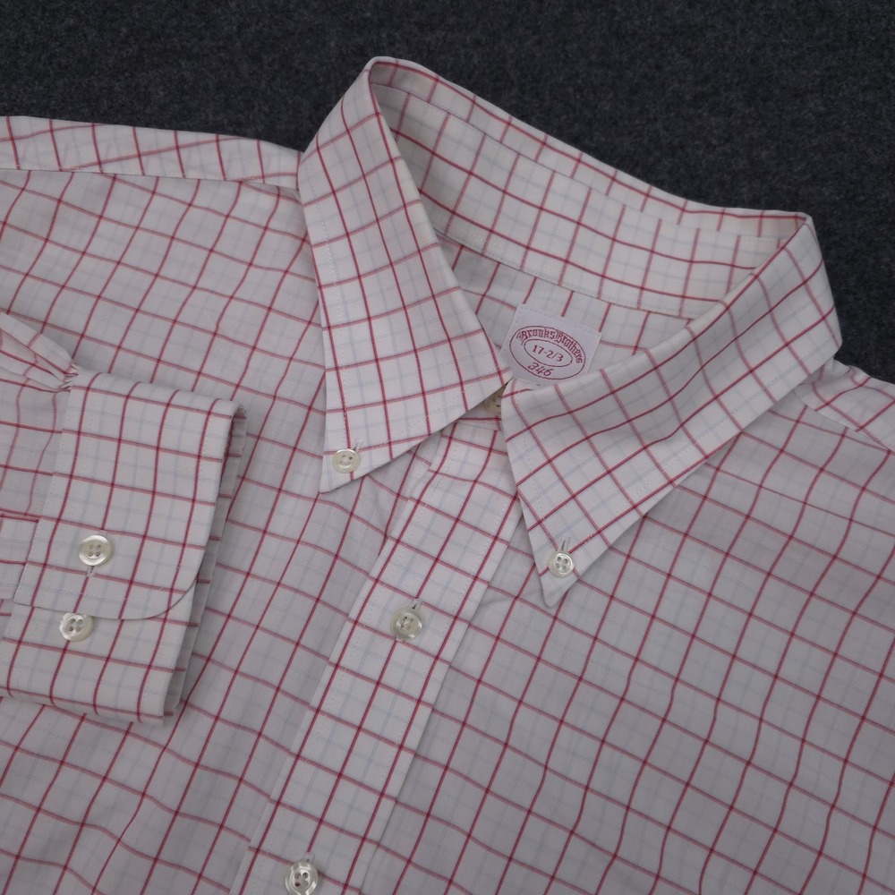 Brooks Brothers 346‎ Mens 17 2/3 White Red Windowpane Check Button Down Shirt